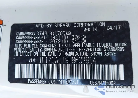 2017 Subaru Brz Limited from USA, damaged, VIN JF1ZCAC19H8603914